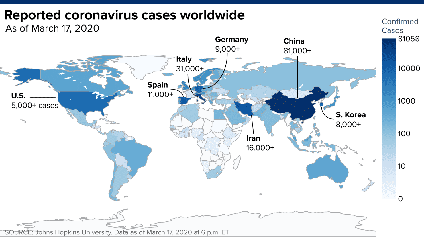 Example 3: Reported COVID-19 cases in March 2020, from CNBC.
