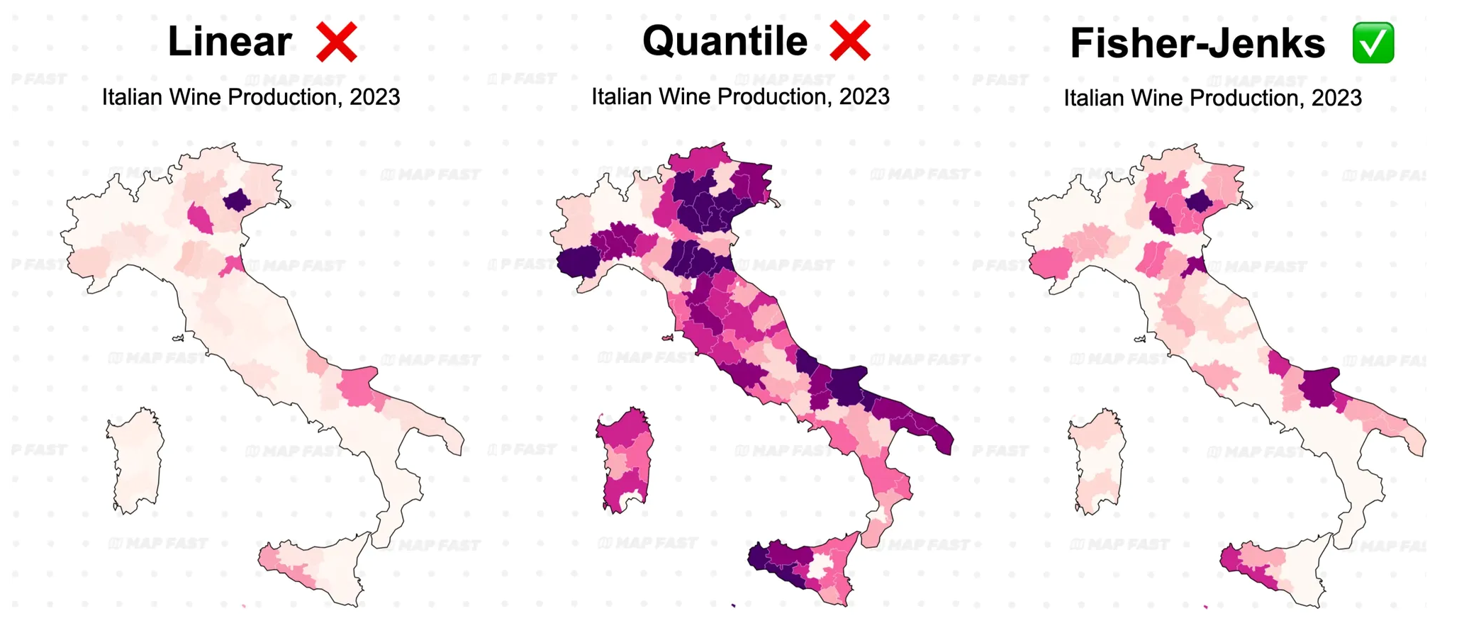 This image depicts 3 different maps with 3 different classification methods : Linear, Quantile, Fisher-Jenks. In this case (italian wine production), Fish-jenks is a better choice.
