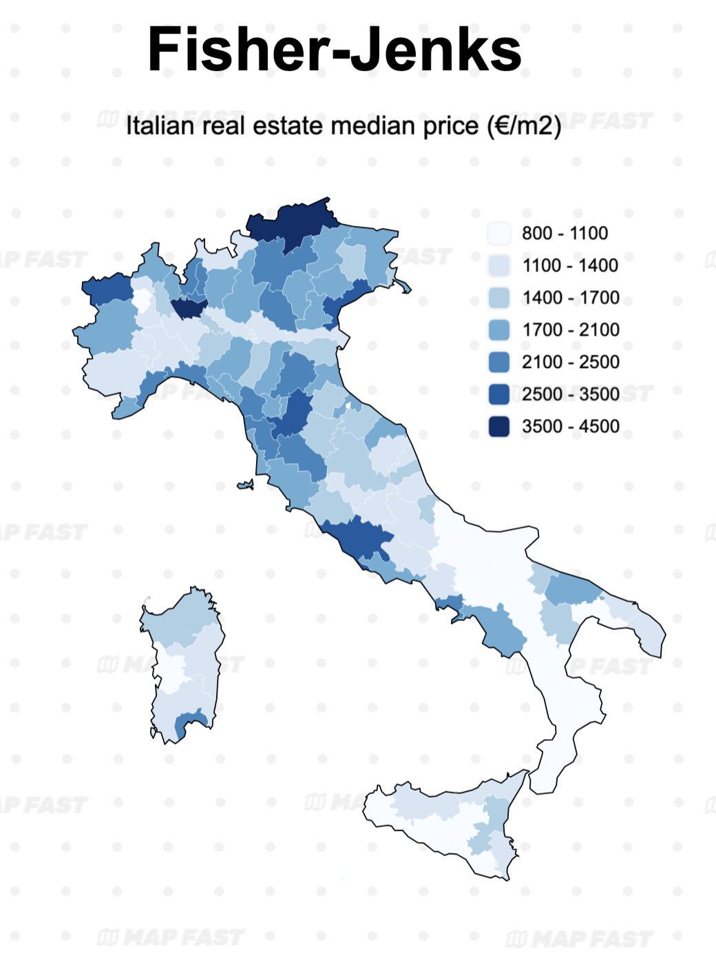 Map 1: Italian real estate median price per province. Fisher-Jenks classification.