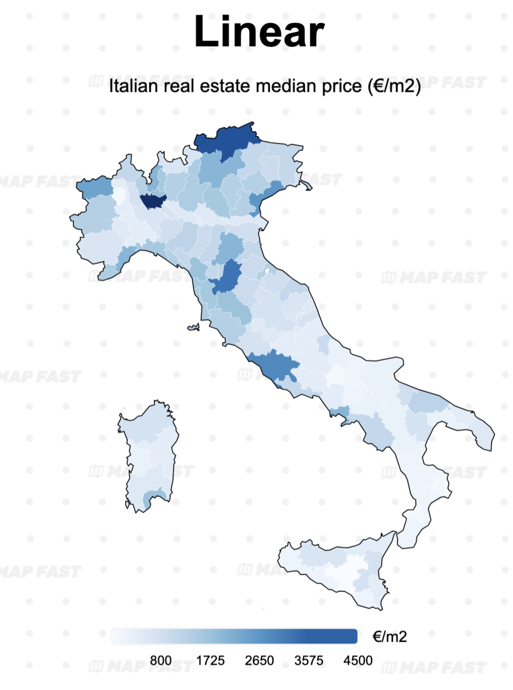 Map 1: Italian real estate median price per province. Linear classification.