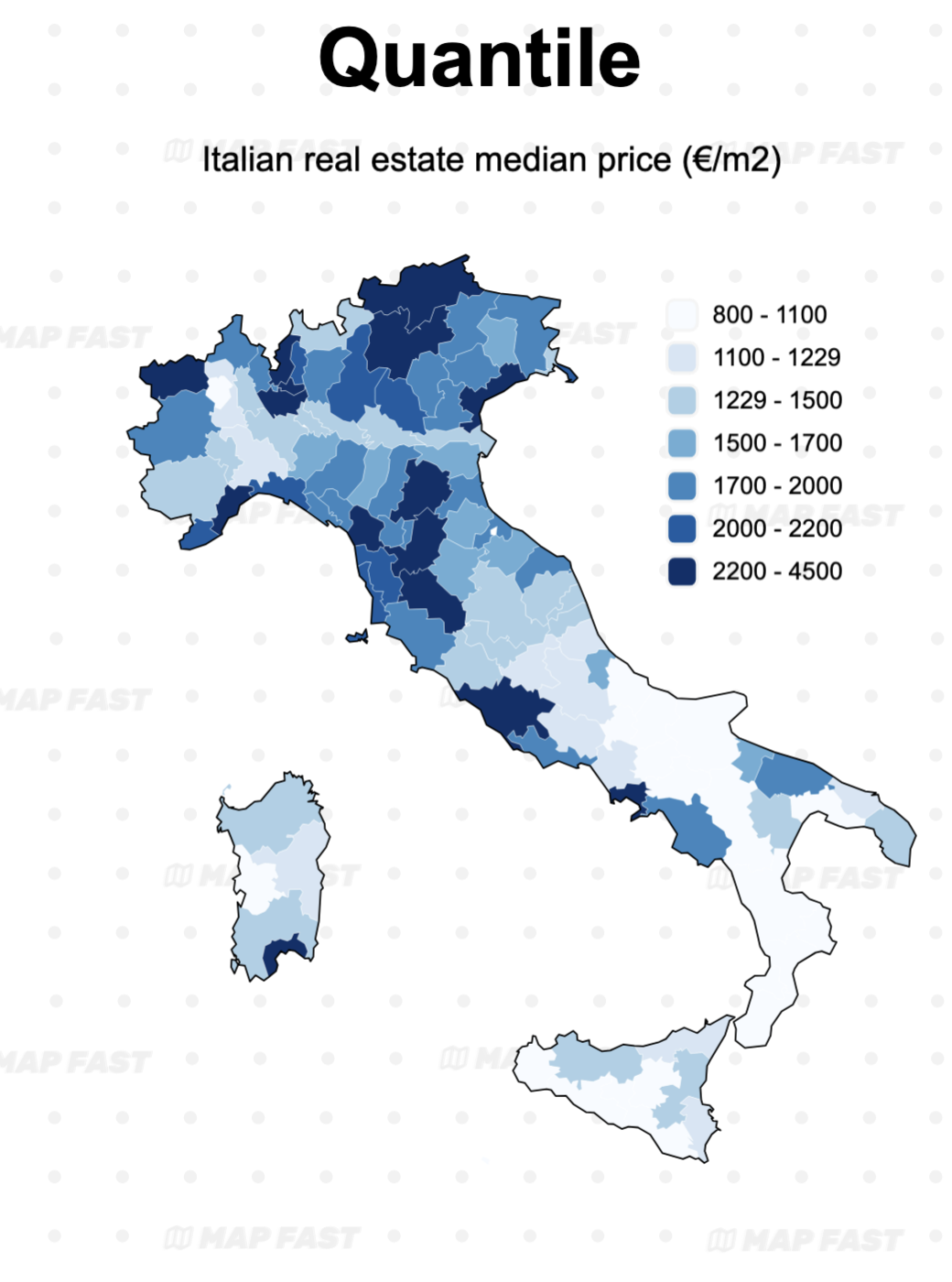 Map 1: Italian real estate median price per province. Quantile classification.