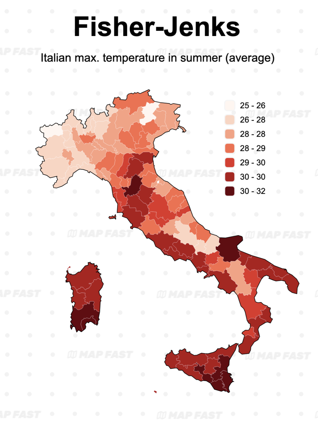 Map 1: Italian max. temperature in summer (average). Fisher-Jenks classification.