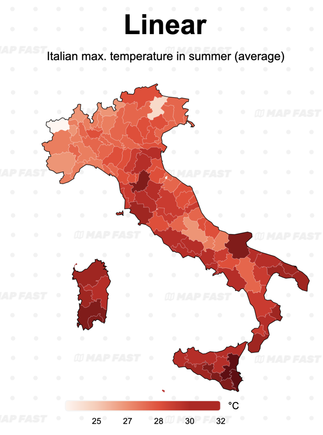 Map 1: Italian max. temperature in summer (average). Linear classification.