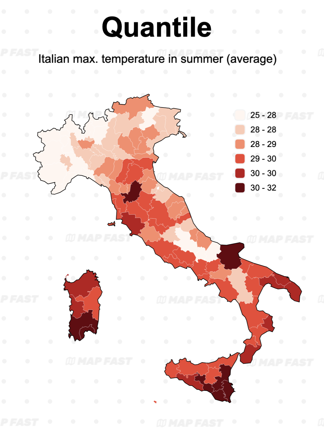 Map 1: Italian max. temperature in summer (average). Quantile classification.