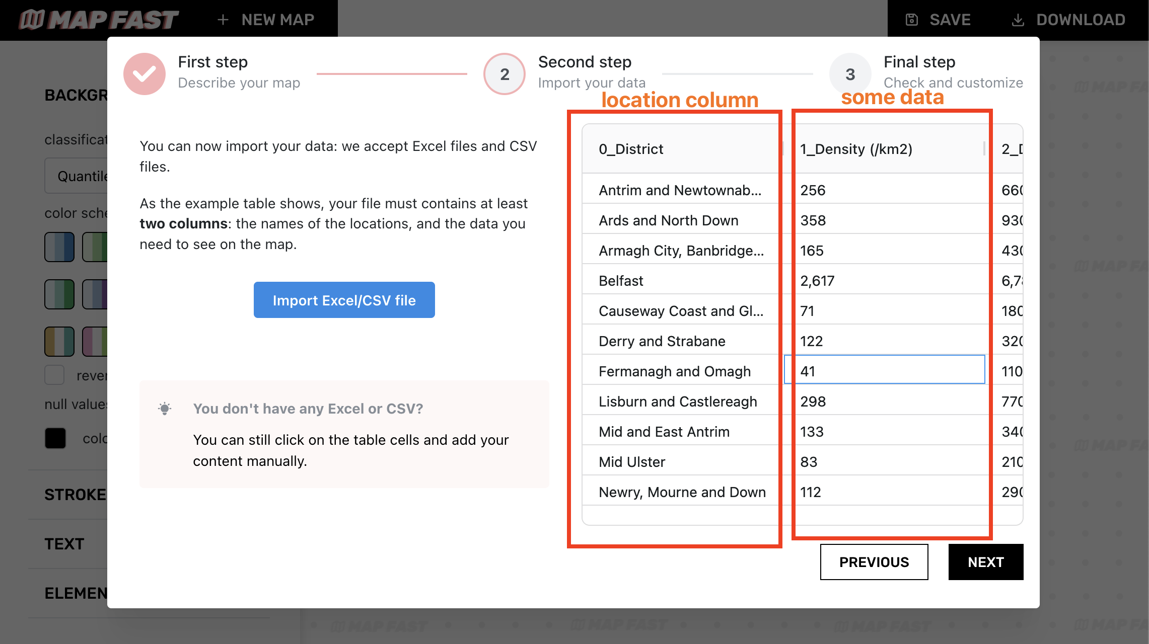 Following the previous example, we imported a CSV file containing district information for Northern Ireland (UK). Get it here : https://en.wikipedia.org/wiki/Local_government_in_Northern_Ireland