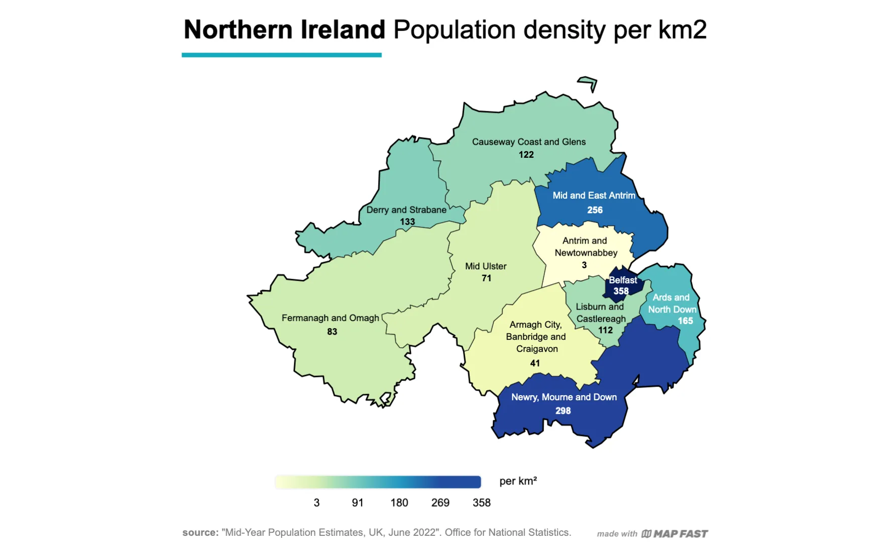 The image depicts a map of the population density per km2 in Northern Ireland.