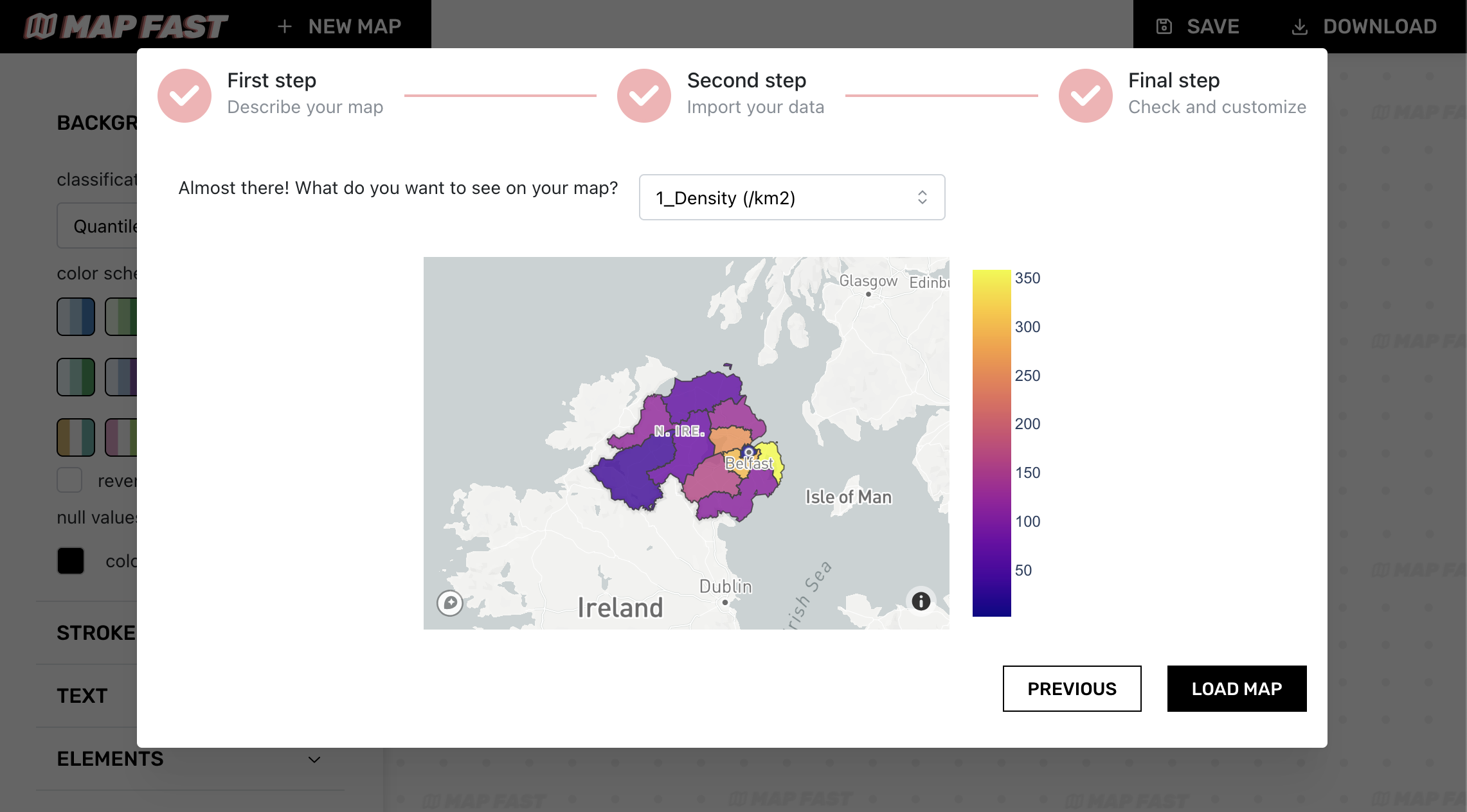 We choose to display the population density in Northern Ireland, although we had other columns available.