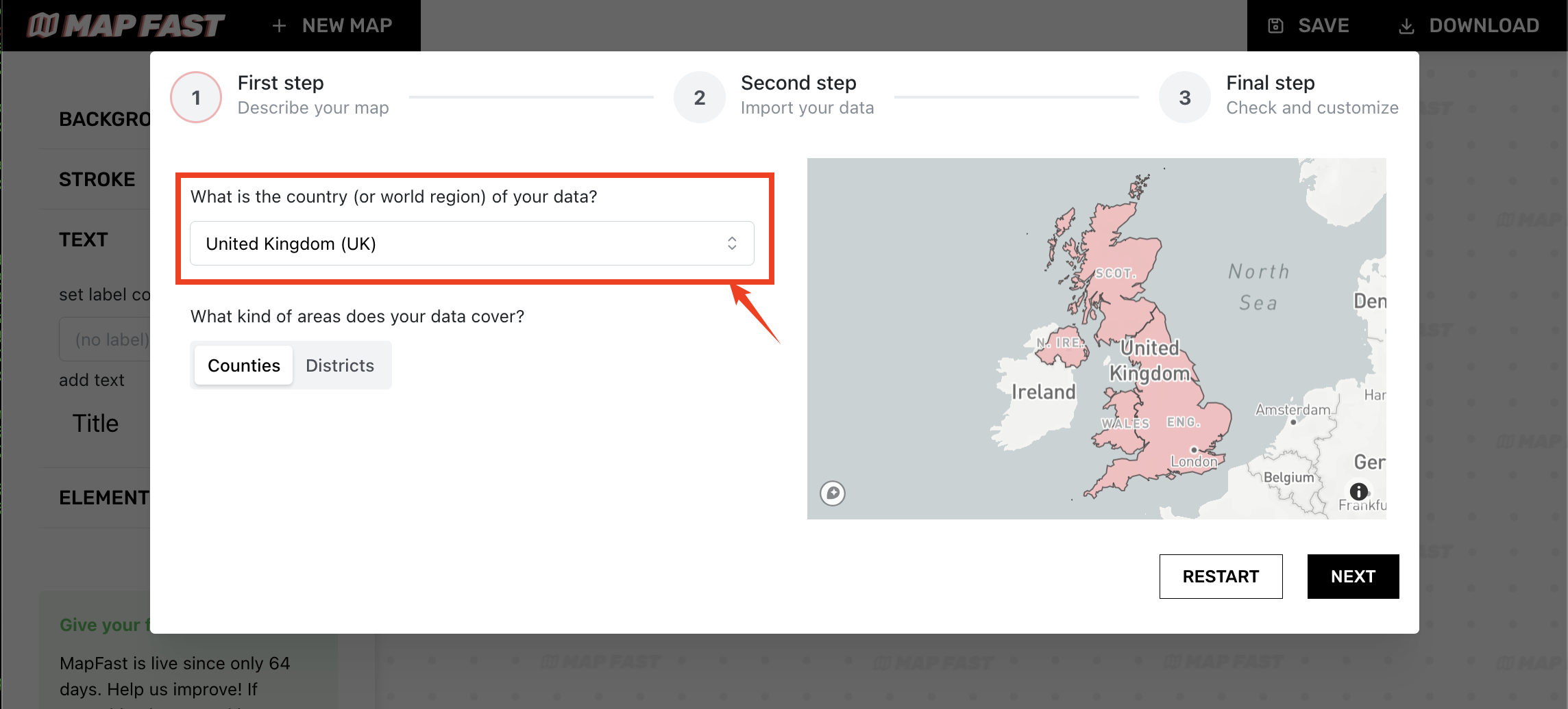 You can choose between 200+ countries or world areas for your colored map. Let’s continue with the United Kingdom.