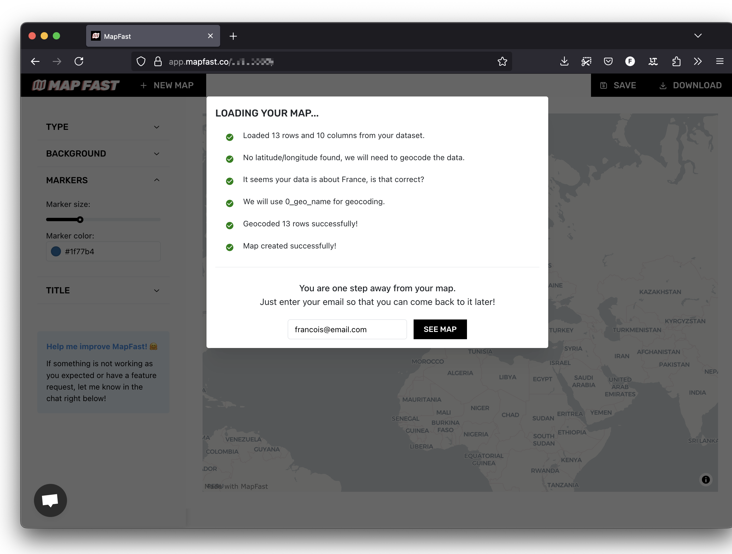 A screenshot of the MapFast app once finished uploading the data