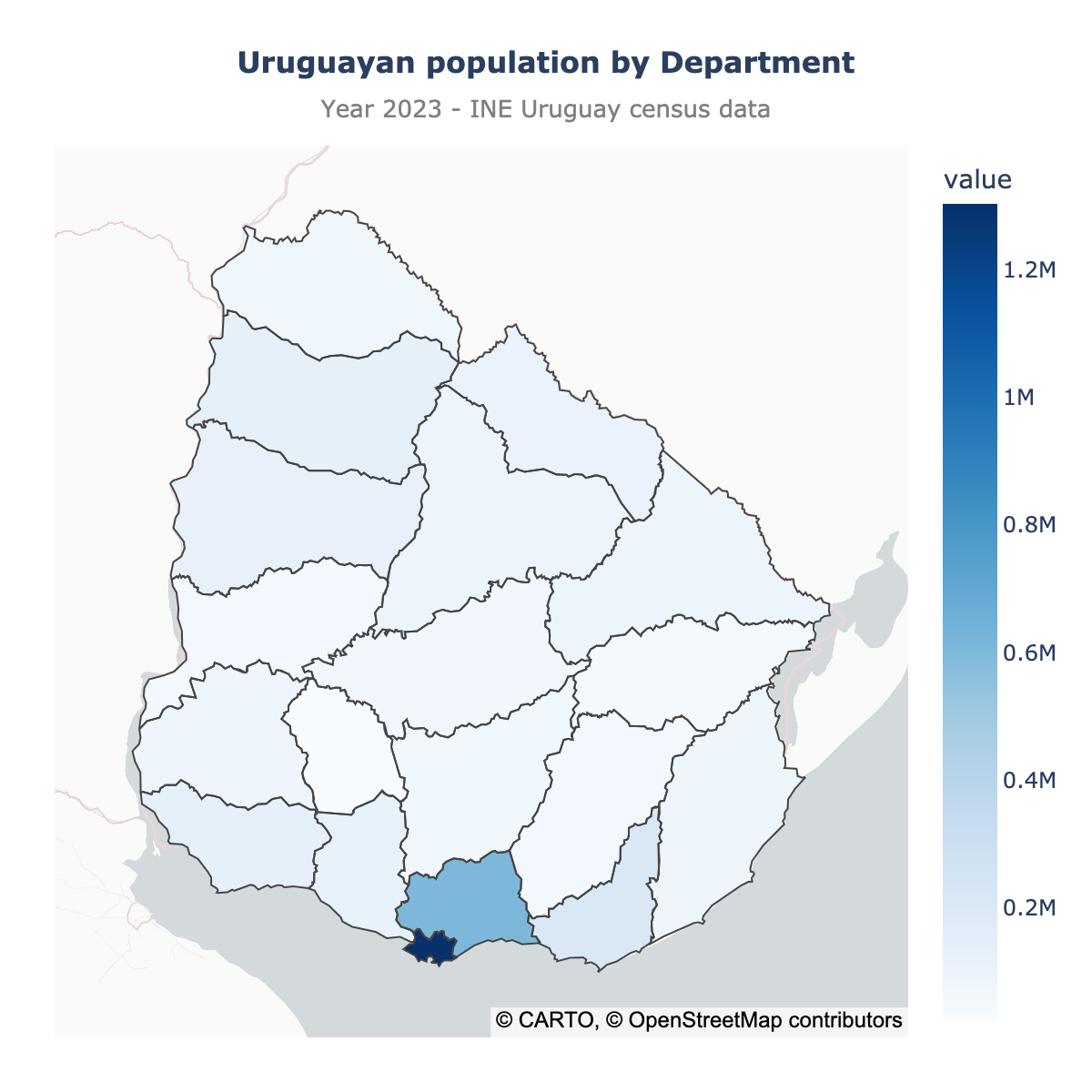 Choropleth map of Uruguay