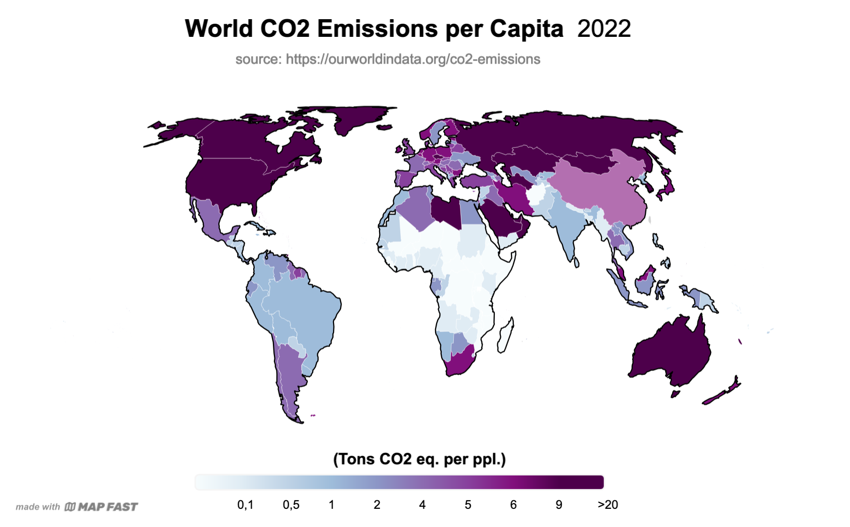 An example choropleth map: “World CO2 Emissions per Capita 2022”. (source: how to create a World map).