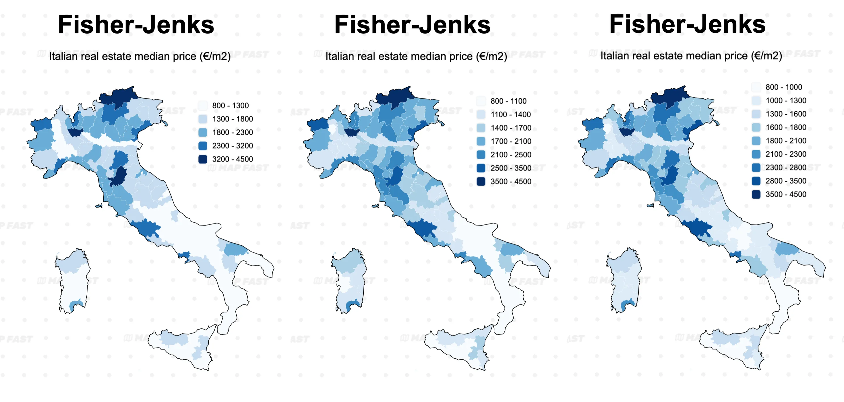 Fisher-Jenks classification example with 5, 7 and 9 groups. Data: Italian real estate prices (€/m2).