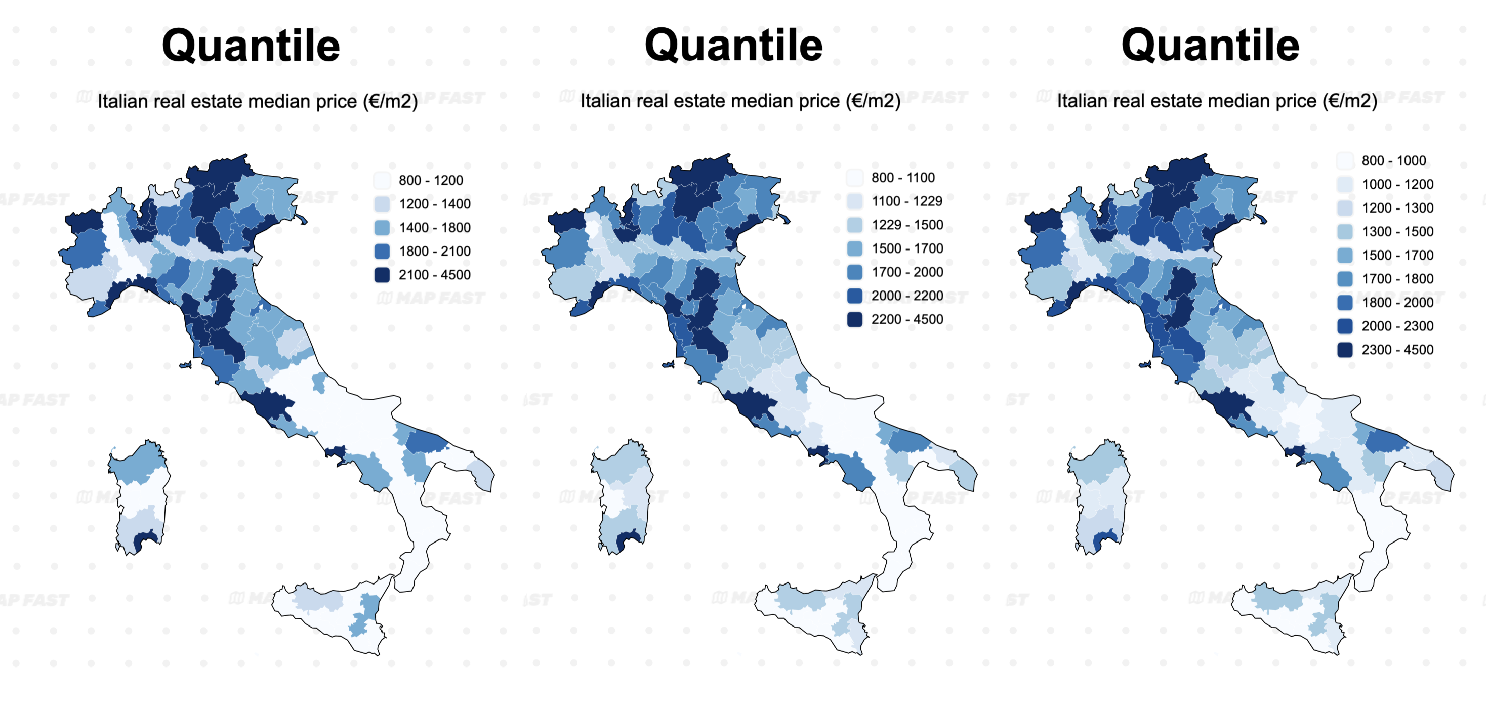 Quantile classification example with 5, 7 and 9 groups. Data: Italian real estate prices (€/m2).