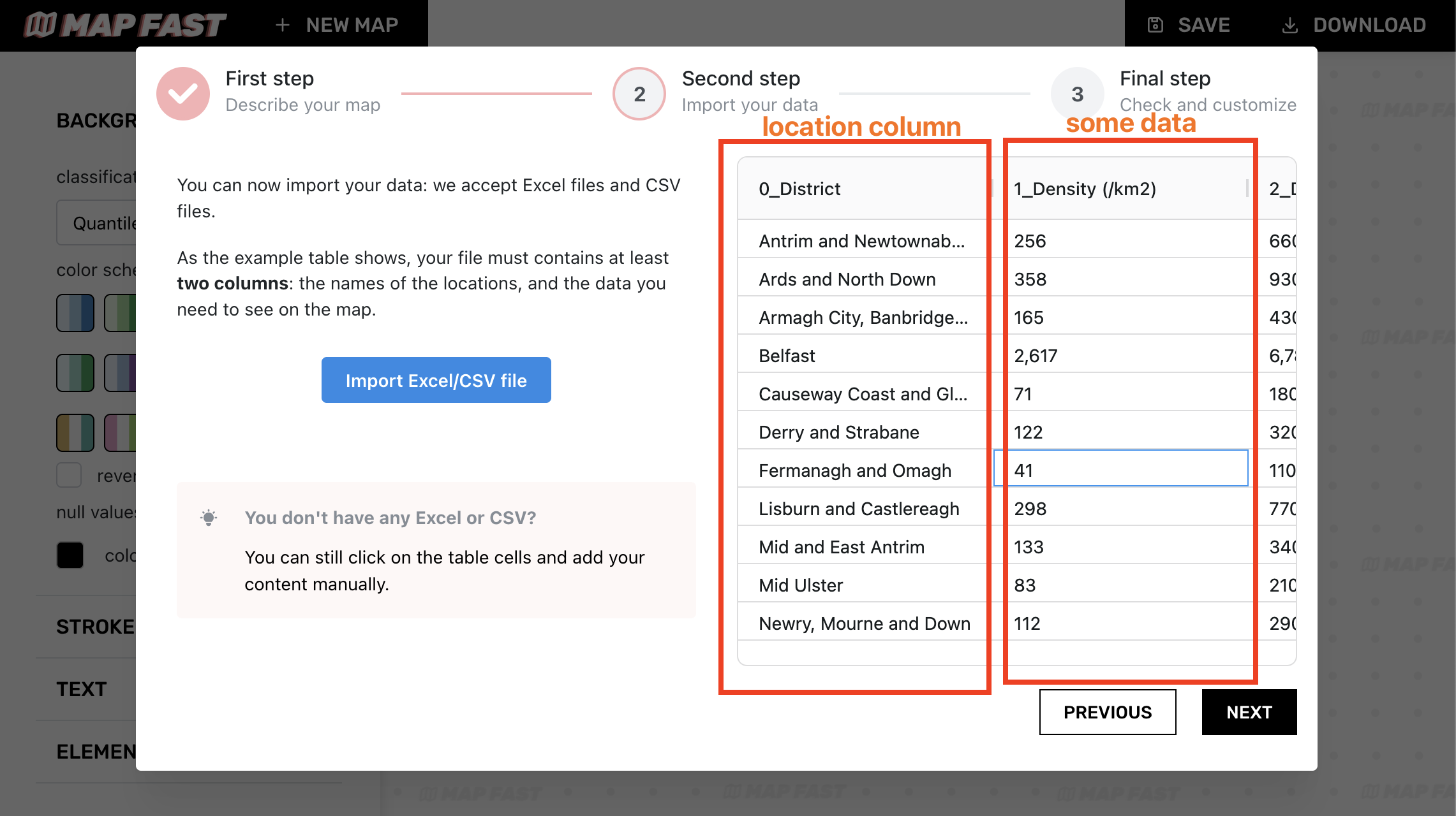 Following the previous example, we imported a CSV file containing district information for Northern Ireland (UK). Get it here : https://en.wikipedia.org/wiki/Local_government_in_Northern_Ireland 