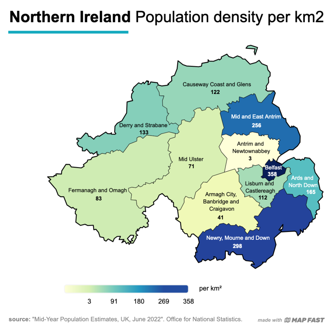 Northern Ireland, Population density per km2 in June 2022. That’s it!