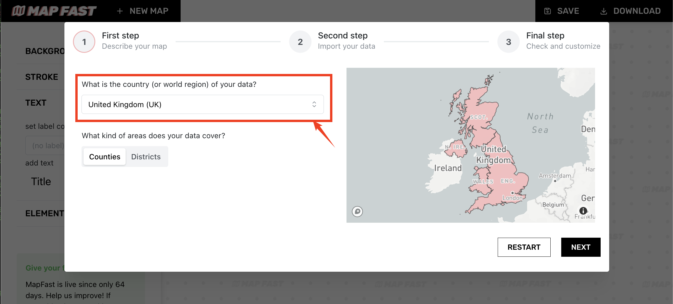 You can choose between 200+ countries or world areas for your colored map. Let’s continue with the United Kingdom.  