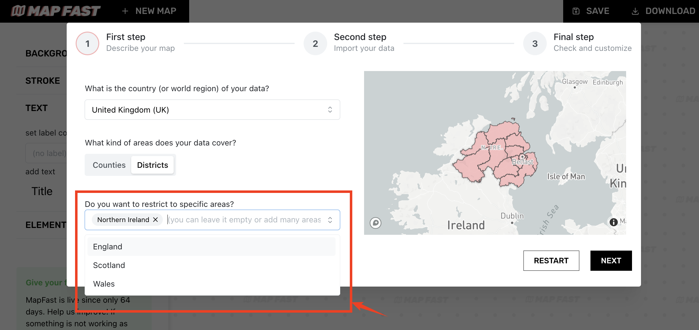 In this case, we can select ‘Northern Ireland’ to effectively create a district map focused on this part of the United Kingdom.